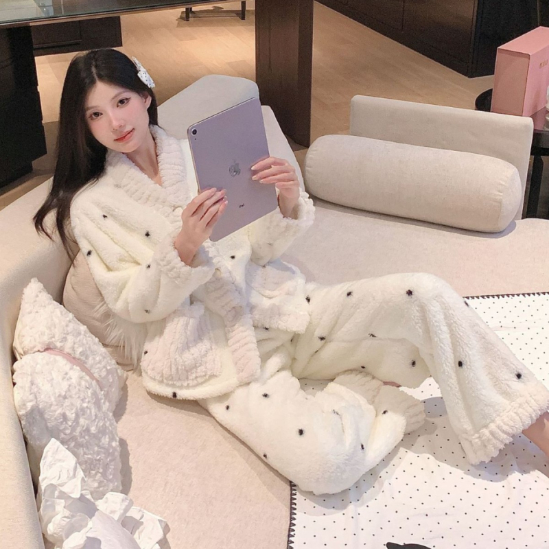 Női téli pizsama készlet Shu pamut-velúr anyagból, vastagított, gallér nélküli, hosszú ujjú