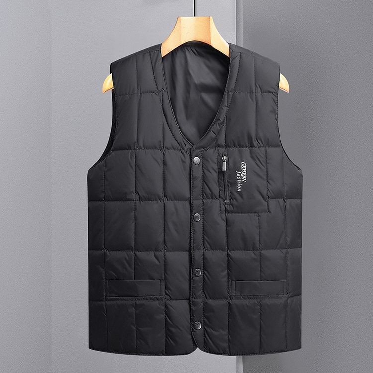 Vesta pentru bărbați din puf, guler în V, închidere cu nasturi pe un singur rând, țesătură poliester, umplutură din puf de gâscă alb, mai multe buzunare, potrivită pentru toamnă și iarnă