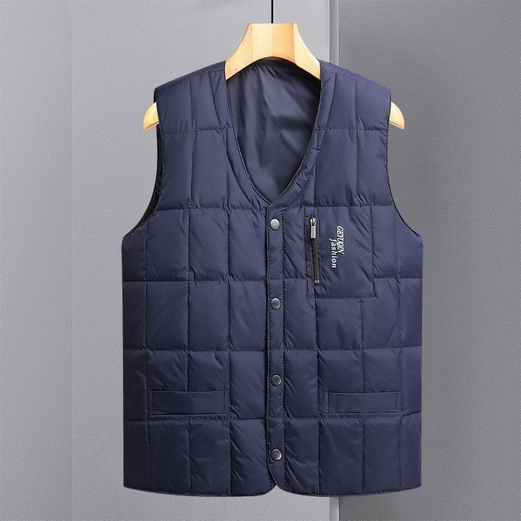Vesta pentru bărbați din puf, guler în V, închidere cu nasturi pe un singur rând, țesătură poliester, umplutură din puf de gâscă alb, mai multe buzunare, potrivită pentru toamnă și iarnă