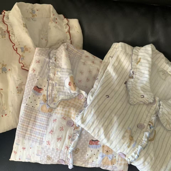 Pamut pizsama szett, dupla réteg géz csipével, hosszú ujjú, rever nyak, édes, aranyos stílus