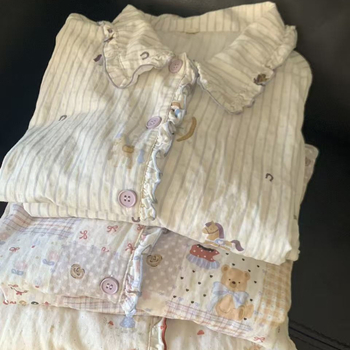 Pamut pizsama szett, dupla réteg géz csipével, hosszú ujjú, rever nyak, édes, aranyos stílus