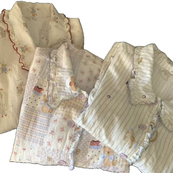 Pamut pizsama szett, dupla réteg géz csipével, hosszú ujjú, rever nyak, édes, aranyos stílus