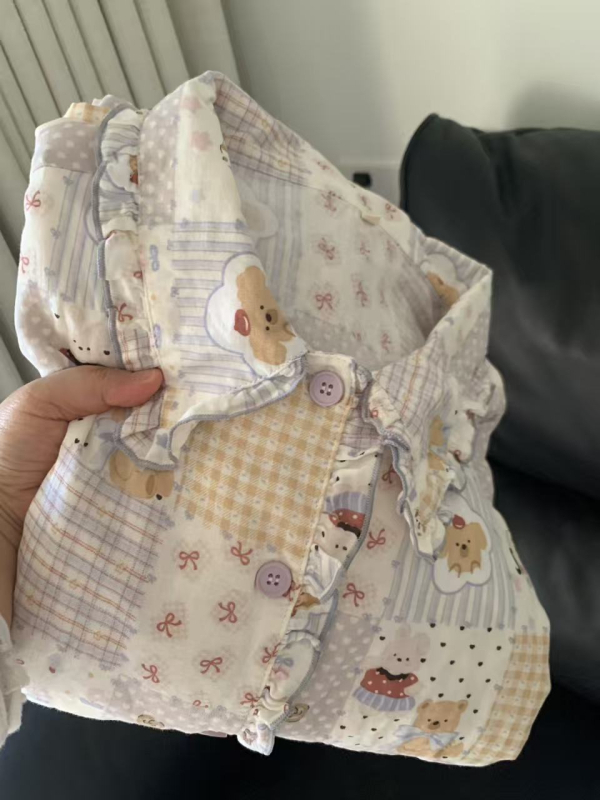 Pamut pizsama szett, dupla réteg géz csipével, hosszú ujjú, rever nyak, édes, aranyos stílus