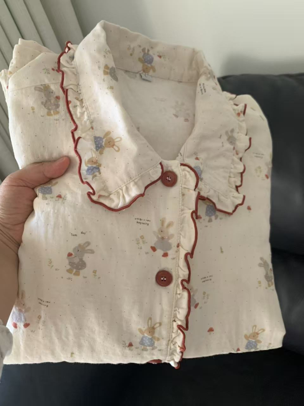 Pamut pizsama szett, dupla réteg géz csipével, hosszú ujjú, rever nyak, édes, aranyos stílus