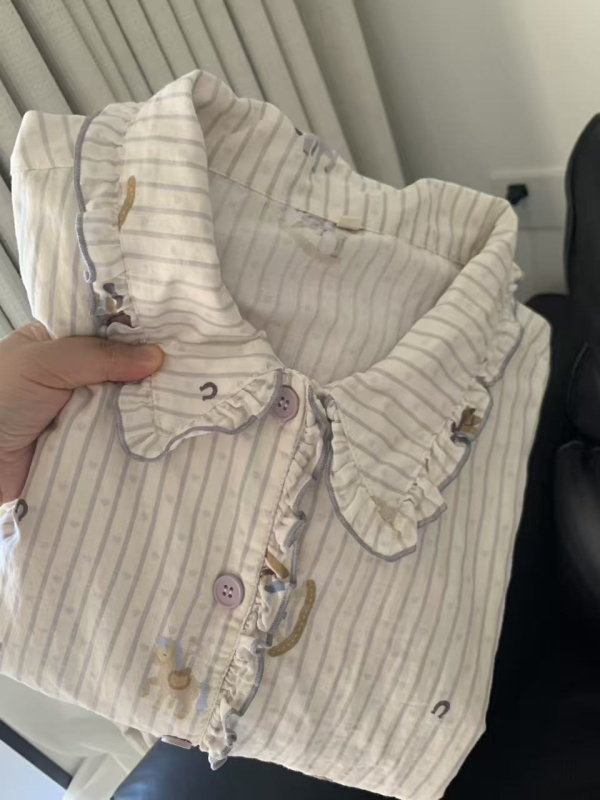 Pamut pizsama szett, dupla réteg géz csipével, hosszú ujjú, rever nyak, édes, aranyos stílus