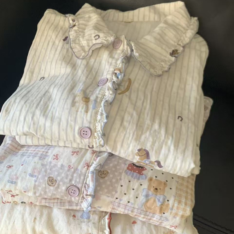 Pamut pizsama szett, dupla réteg géz csipével, hosszú ujjú, rever nyak, édes, aranyos stílus