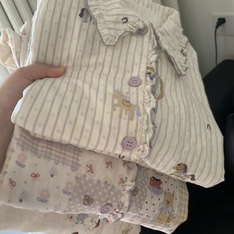 Pamut pizsama szett, dupla réteg géz csipével, hosszú ujjú, rever nyak, édes, aranyos stílus