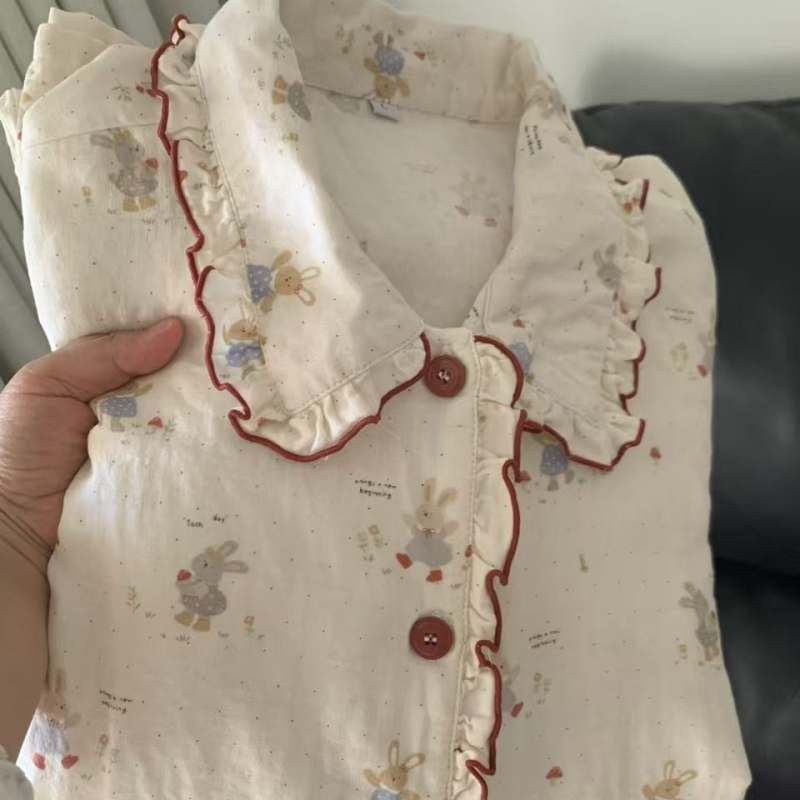 Pamut pizsama szett, dupla réteg géz csipével, hosszú ujjú, rever nyak, édes, aranyos stílus