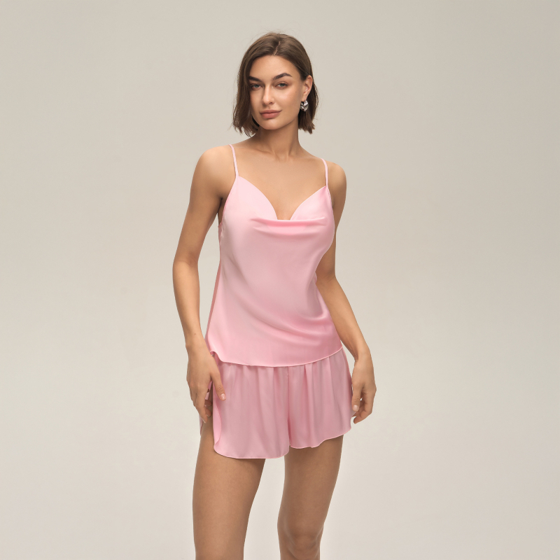 Set din satin chiffon, fără mâneci și fără guler, cu pantaloni scurți, pentru relaxare acasă, țesătură ultr-subțire