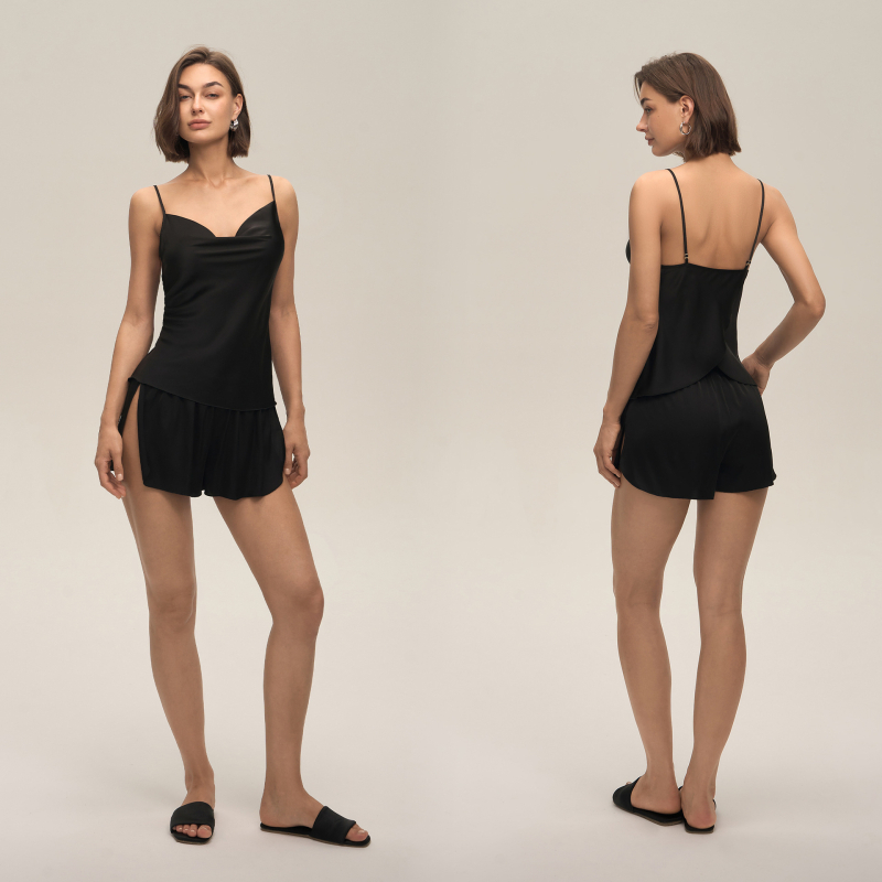 Set din satin chiffon, fără mâneci și fără guler, cu pantaloni scurți, pentru relaxare acasă, țesătură ultr-subțire