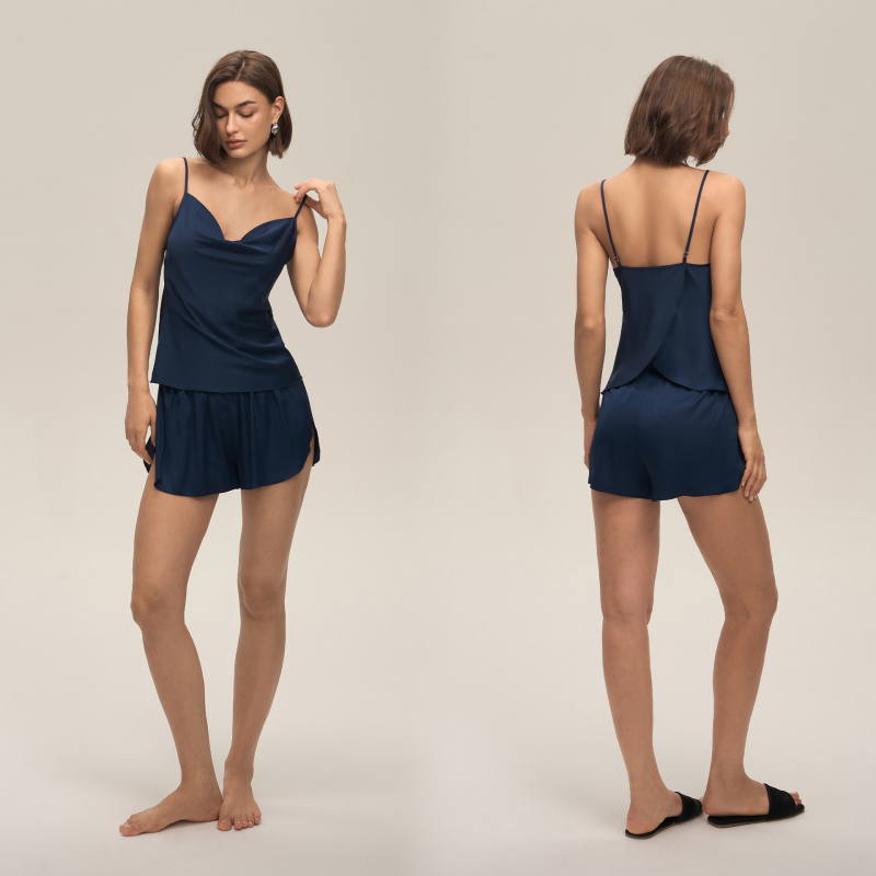 Set din satin chiffon, fără mâneci și fără guler, cu pantaloni scurți, pentru relaxare acasă, țesătură ultr-subțire