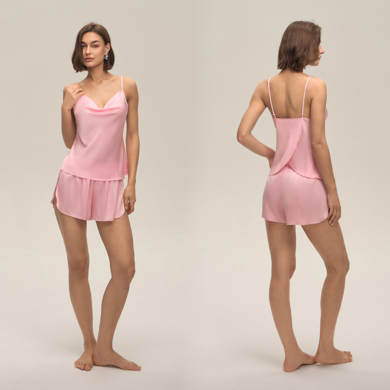 Set din satin chiffon, fără mâneci și fără guler, cu pantaloni scurți, pentru relaxare acasă, țesătură ultr-subțire