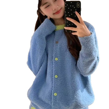 Set de pijamale pentru femei, din velur perlat, cu dungi contrastante, bluza cu guler rotund, mâneci lungi și pantaloni lungi, pentru iarnă/toamnă