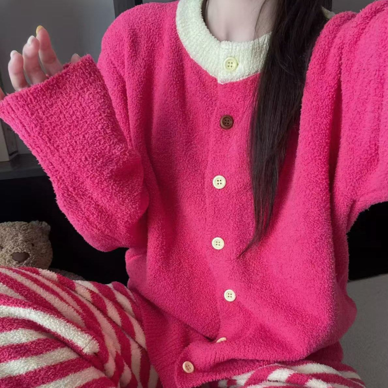 Set de pijamale pentru femei, din velur perlat, cu dungi contrastante, bluza cu guler rotund, mâneci lungi și pantaloni lungi, pentru iarnă/toamnă