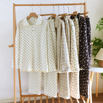 Set pidžama Yangmei velur, ovratnik s reverom, tiskani casual stil, udoban, dugi rukavi i hlače, fleece podstava, 251–300 g/m², za žene