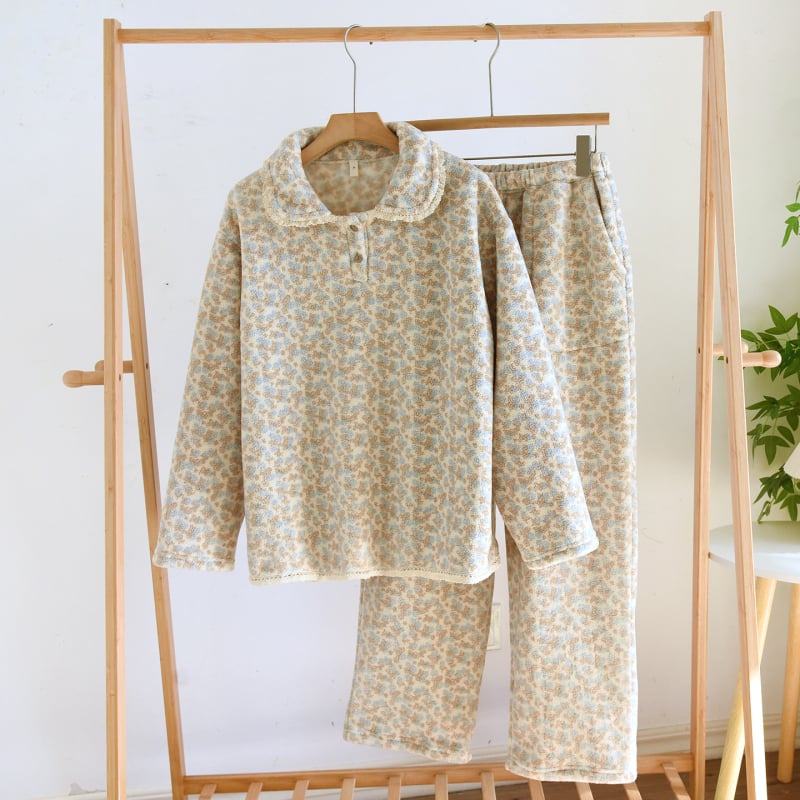 Set pidžama Yangmei velur, ovratnik s reverom, tiskani casual stil, udoban, dugi rukavi i hlače, fleece podstava, 251–300 g/m², za žene