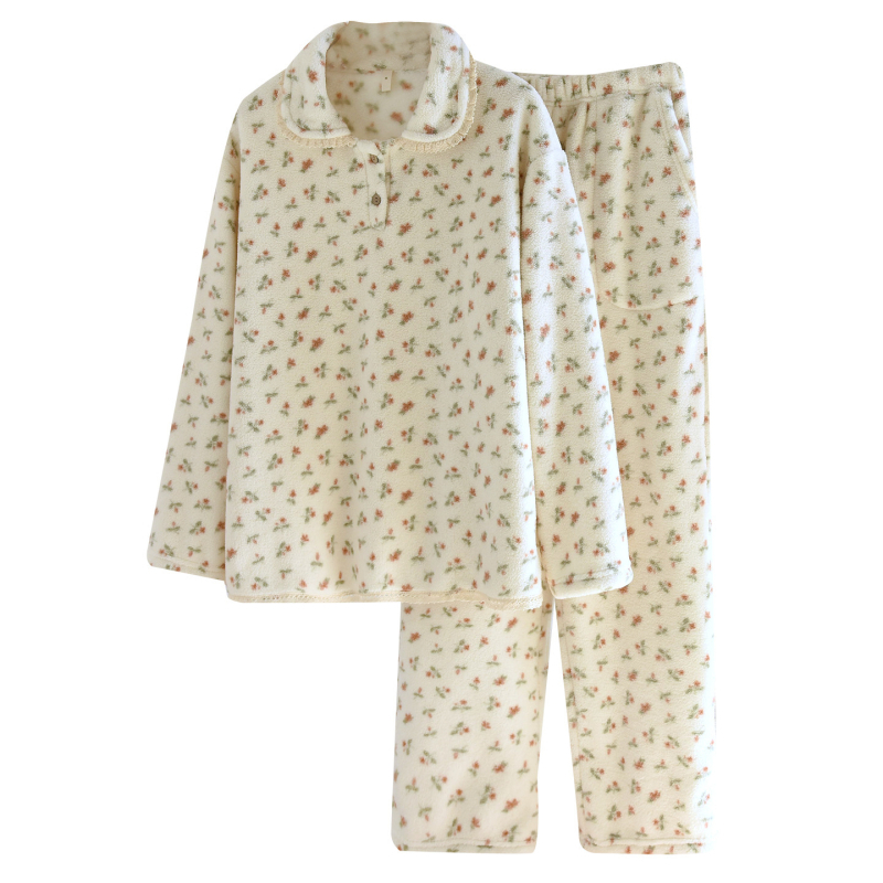 Set pidžama Yangmei velur, ovratnik s reverom, tiskani casual stil, udoban, dugi rukavi i hlače, fleece podstava, 251–300 g/m², za žene