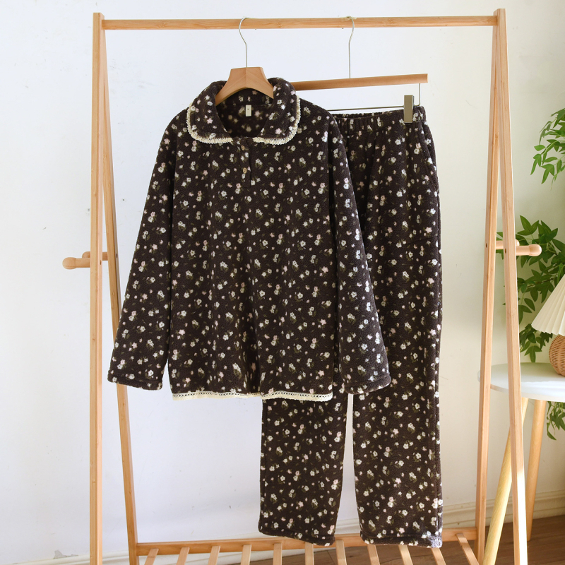 Set pidžama Yangmei velur, ovratnik s reverom, tiskani casual stil, udoban, dugi rukavi i hlače, fleece podstava, 251–300 g/m², za žene
