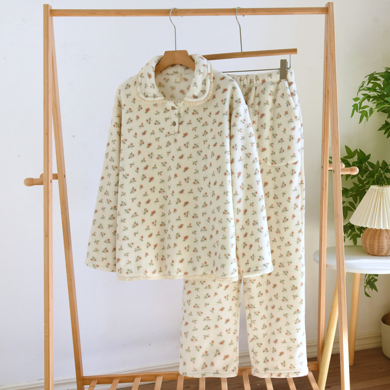 Set pidžama Yangmei velur, ovratnik s reverom, tiskani casual stil, udoban, dugi rukavi i hlače, fleece podstava, 251–300 g/m², za žene