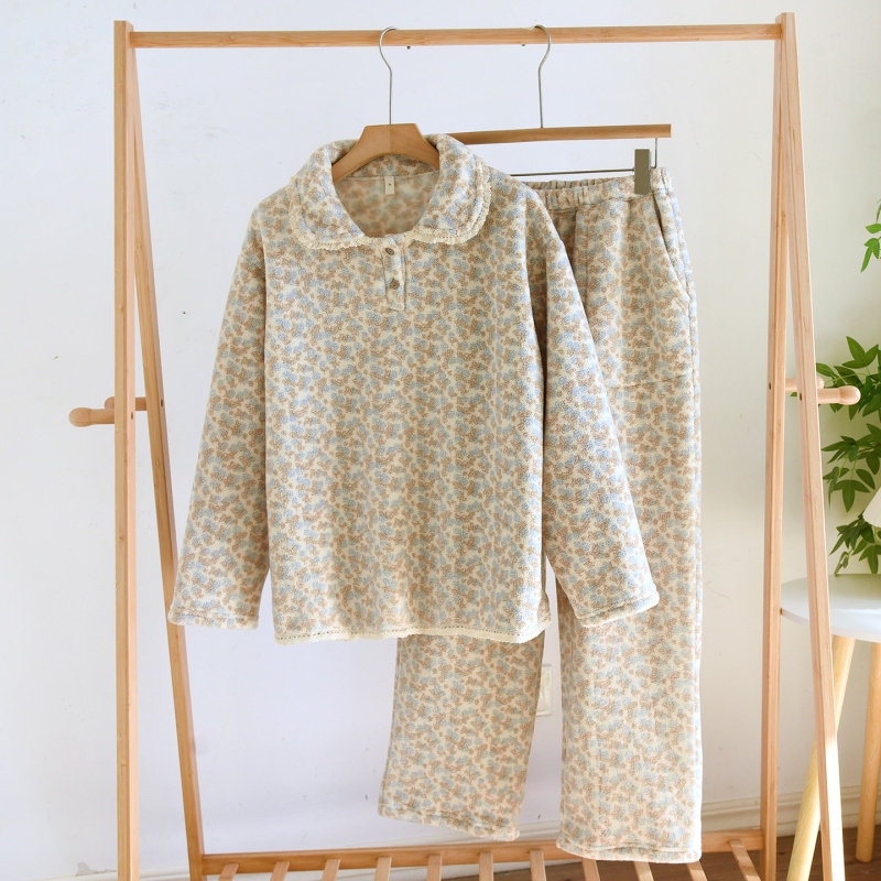 Set pidžama Yangmei velur, ovratnik s reverom, tiskani casual stil, udoban, dugi rukavi i hlače, fleece podstava, 251–300 g/m², za žene