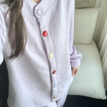 Set de pijamale cu strat intermediar din bumbac aerat, guler rotund, mâneci lungi, top în stil cardigan cu nasturi și pantaloni, haine lejere pentru casă