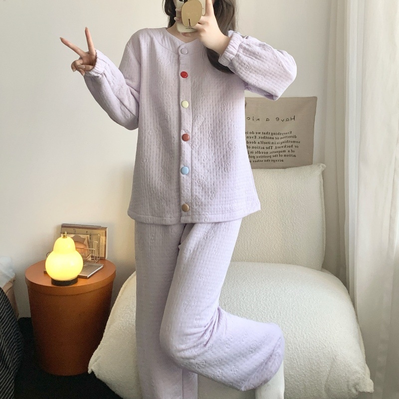 Set de pijamale cu strat intermediar din bumbac aerat, guler rotund, mâneci lungi, top în stil cardigan cu nasturi și pantaloni, haine lejere pentru casă