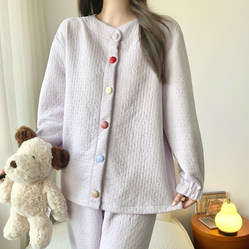 Set de pijamale cu strat intermediar din bumbac aerat, guler rotund, mâneci lungi, top în stil cardigan cu nasturi și pantaloni, haine lejere pentru casă