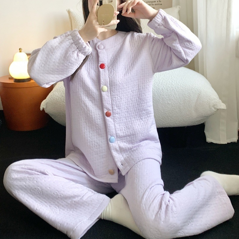 Set de pijamale cu strat intermediar din bumbac aerat, guler rotund, mâneci lungi, top în stil cardigan cu nasturi și pantaloni, haine lejere pentru casă