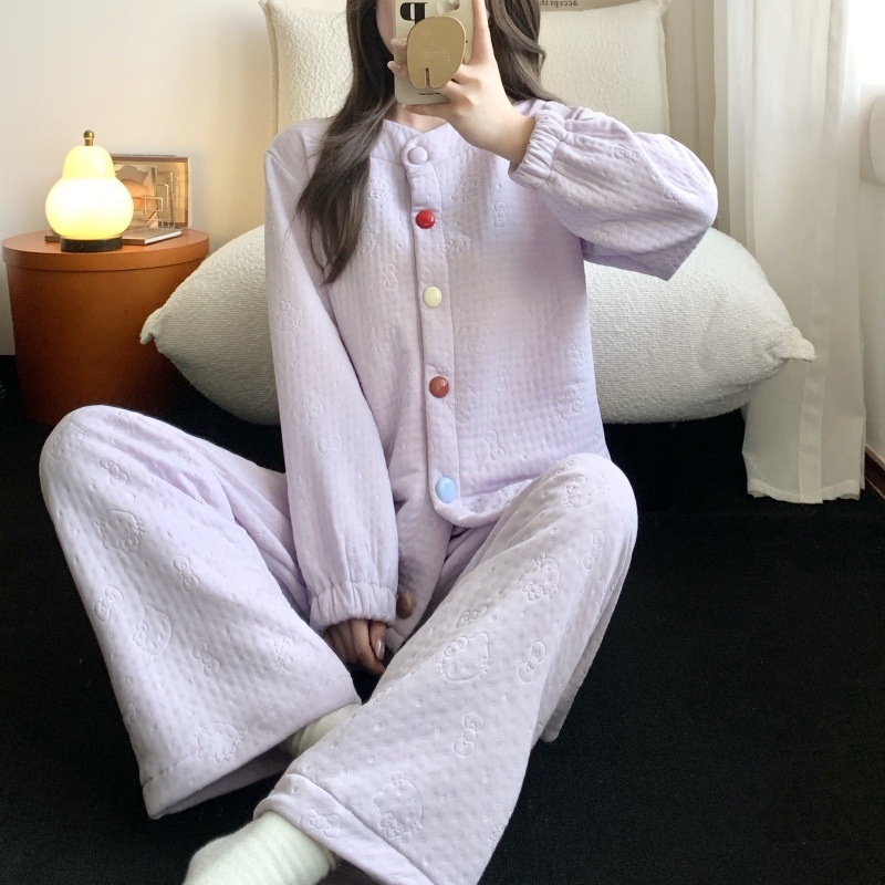 Set de pijamale cu strat intermediar din bumbac aerat, guler rotund, mâneci lungi, top în stil cardigan cu nasturi și pantaloni, haine lejere pentru casă