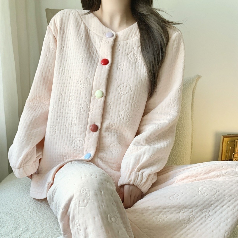 Set de pijamale cu strat intermediar din bumbac aerat, guler rotund, mâneci lungi, top în stil cardigan cu nasturi și pantaloni, haine lejere pentru casă