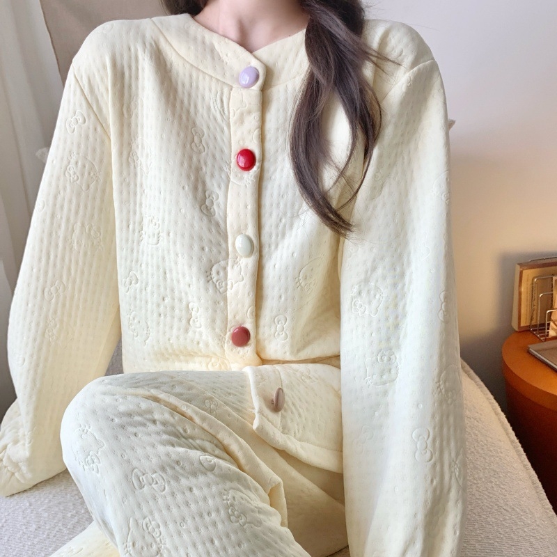 Set de pijamale cu strat intermediar din bumbac aerat, guler rotund, mâneci lungi, top în stil cardigan cu nasturi și pantaloni, haine lejere pentru casă