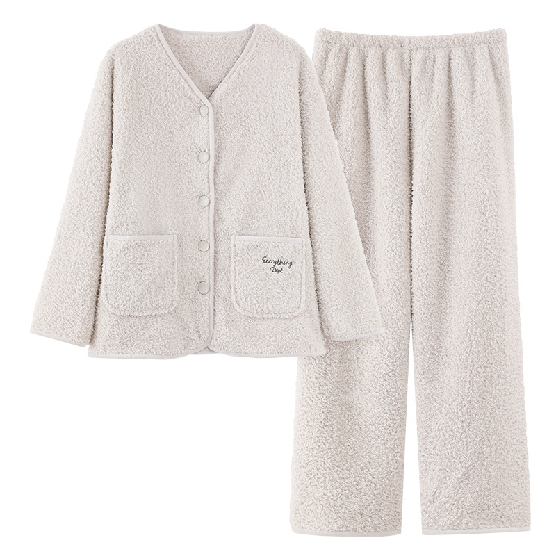 Set de pijamale din poliester, grosime 251–300 g/m², cardigan cu guler în V și mâneci lungi, include pantaloni