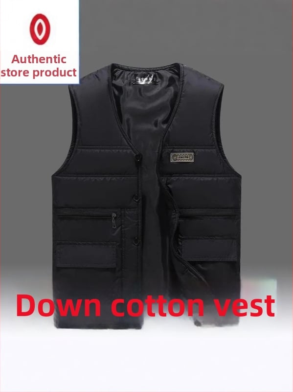 Ανδρικό γιλέκο με γέμισμα από πούπουλο, fleece επένδυση, V-λαιμός, ελεύθερη γραμμή, τρεις τσέπες τύπου patch