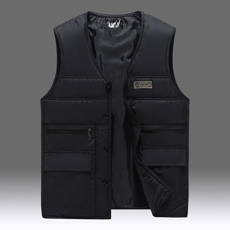 Ανδρικό γιλέκο με γέμισμα από πούπουλο, fleece επένδυση, V-λαιμός, ελεύθερη γραμμή, τρεις τσέπες τύπου patch