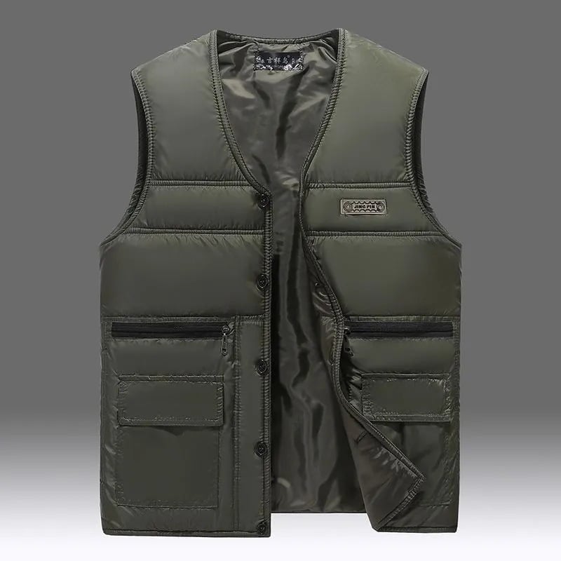 Ανδρικό γιλέκο με γέμισμα από πούπουλο, fleece επένδυση, V-λαιμός, ελεύθερη γραμμή, τρεις τσέπες τύπου patch