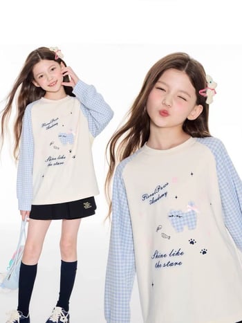 Djevojčica jesenska majica s kariranim panelom i dugim rukavima, otisak crtani lik, pamukasto–mješavina materijala, korejski stil