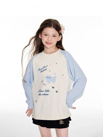 Djevojčica jesenska majica s kariranim panelom i dugim rukavima, otisak crtani lik, pamukasto–mješavina materijala, korejski stil