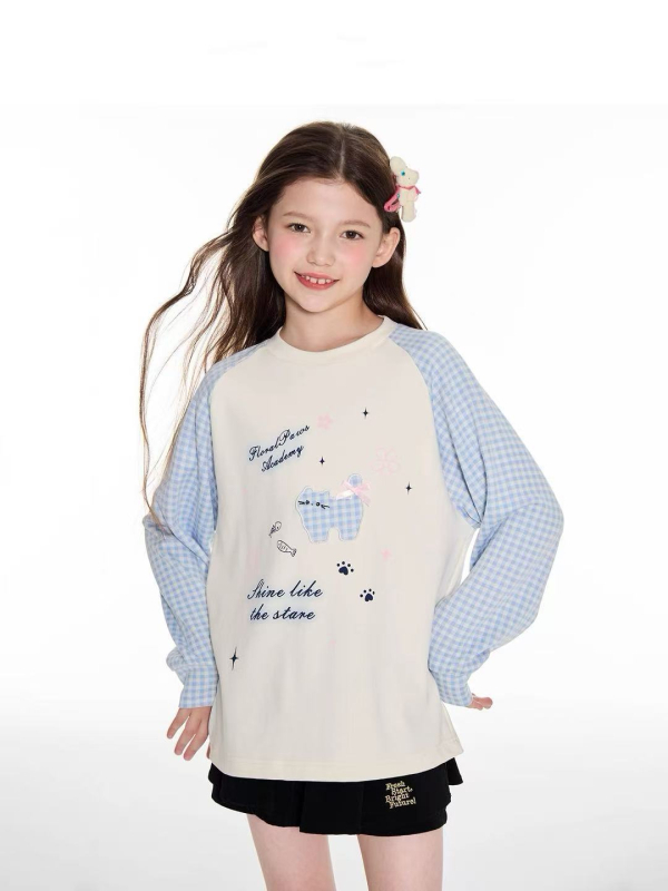 Djevojčica jesenska majica s kariranim panelom i dugim rukavima, otisak crtani lik, pamukasto–mješavina materijala, korejski stil