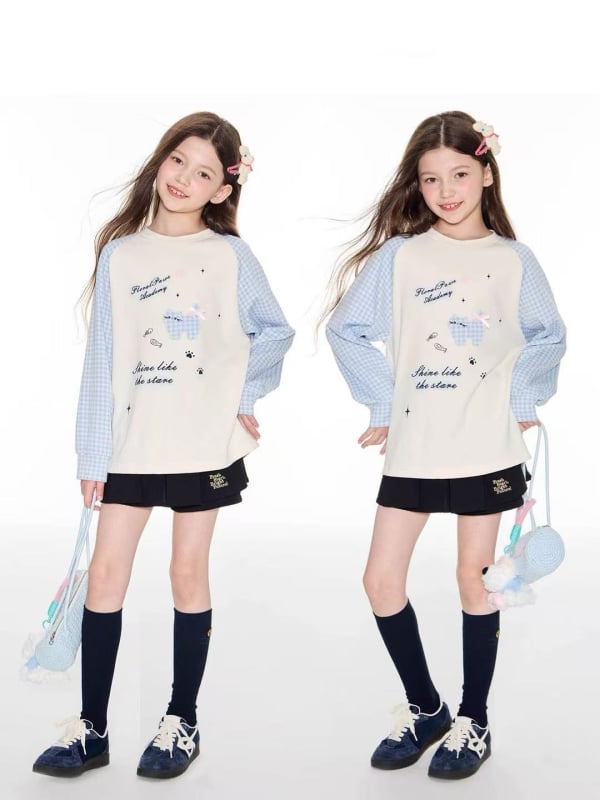 Djevojčica jesenska majica s kariranim panelom i dugim rukavima, otisak crtani lik, pamukasto–mješavina materijala, korejski stil