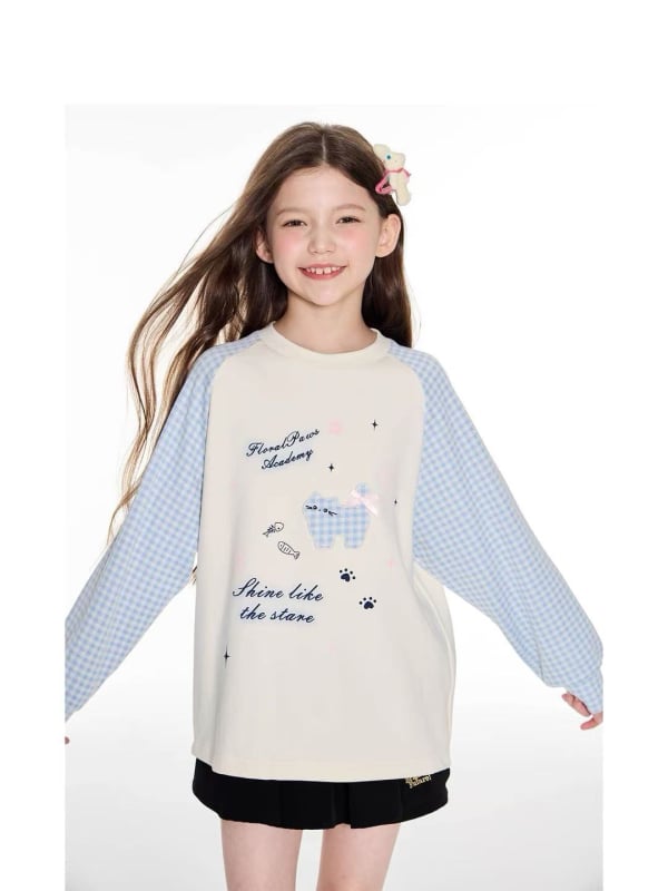 Djevojčica jesenska majica s kariranim panelom i dugim rukavima, otisak crtani lik, pamukasto–mješavina materijala, korejski stil