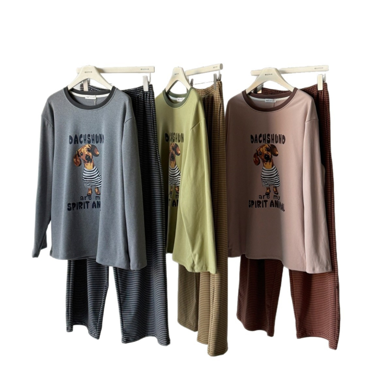 Set de pijamale în stil coreean cu imprimeu cu câine desenat, top pulover cu guler rotund și pantaloni lungi, poliester de greutate medie (181–200 g/m²), potrivit pentru iarnă, primăvară și toamnă