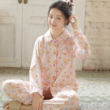 Ženski set pidžama s dugim rukavima i dugim hlačama, dizajn crtani zeko, tkivo pamuk, 95–100% pamuk