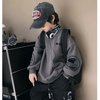 Pulover din fleece pentru băieți, guler rotund, iarnă hip-hop, mâneci lungi, material gros, tratament moale; material principal: blană de iepure