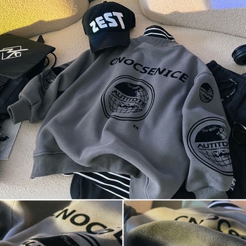 Pulover din fleece pentru băieți, guler rotund, iarnă hip-hop, mâneci lungi, material gros, tratament moale; material principal: blană de iepure