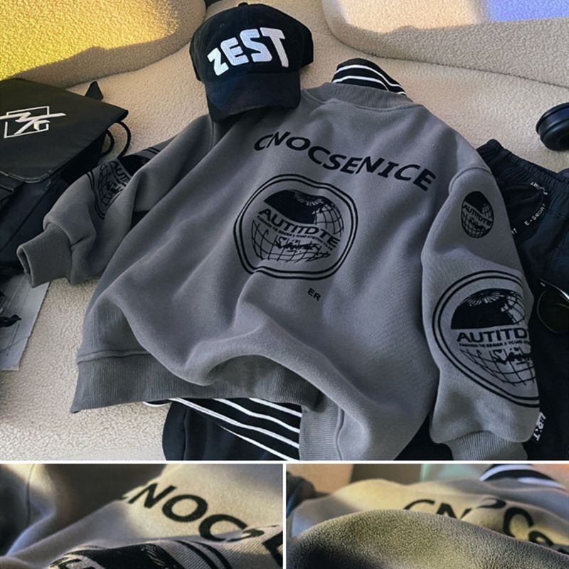 Pulover din fleece pentru băieți, guler rotund, iarnă hip-hop, mâneci lungi, material gros, tratament moale; material principal: blană de iepure