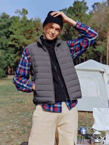 Muška puf veste, kačji puh, 86–90% puh, stojeći ovratnik, zip