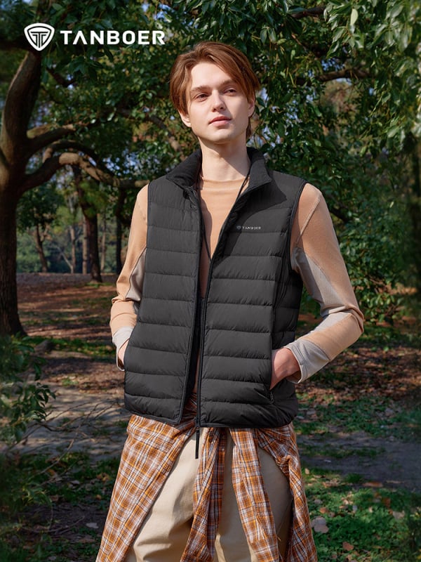 Muška puf veste, kačji puh, 86–90% puh, stojeći ovratnik, zip