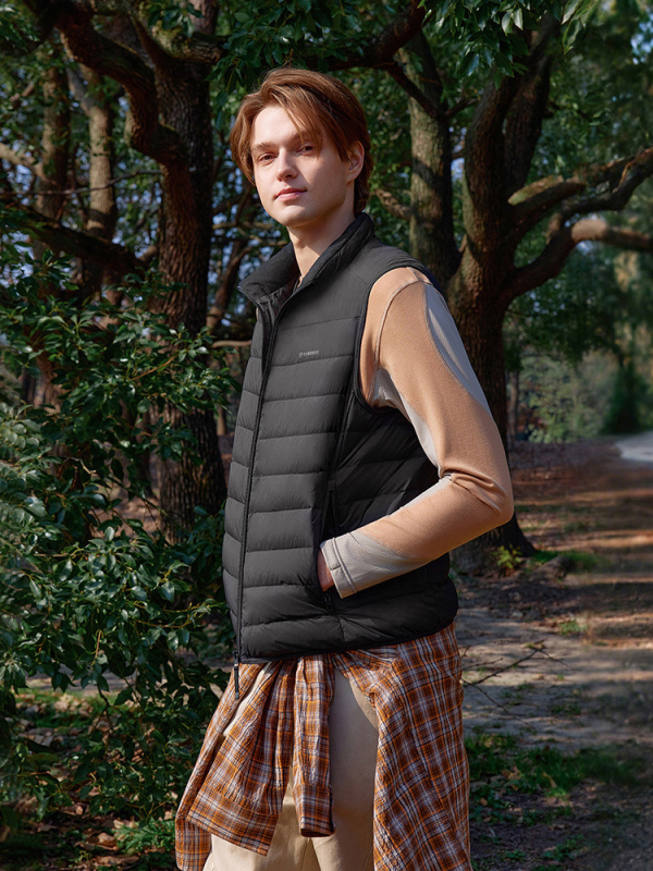 Muška puf veste, kačji puh, 86–90% puh, stojeći ovratnik, zip