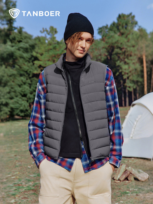 Muška puf veste, kačji puh, 86–90% puh, stojeći ovratnik, zip