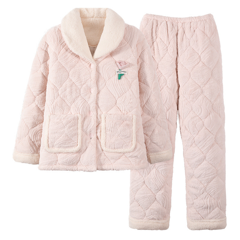 Set de pijamale din catifea coral, umplutură extra groasă, guler rever, mâneci lungi